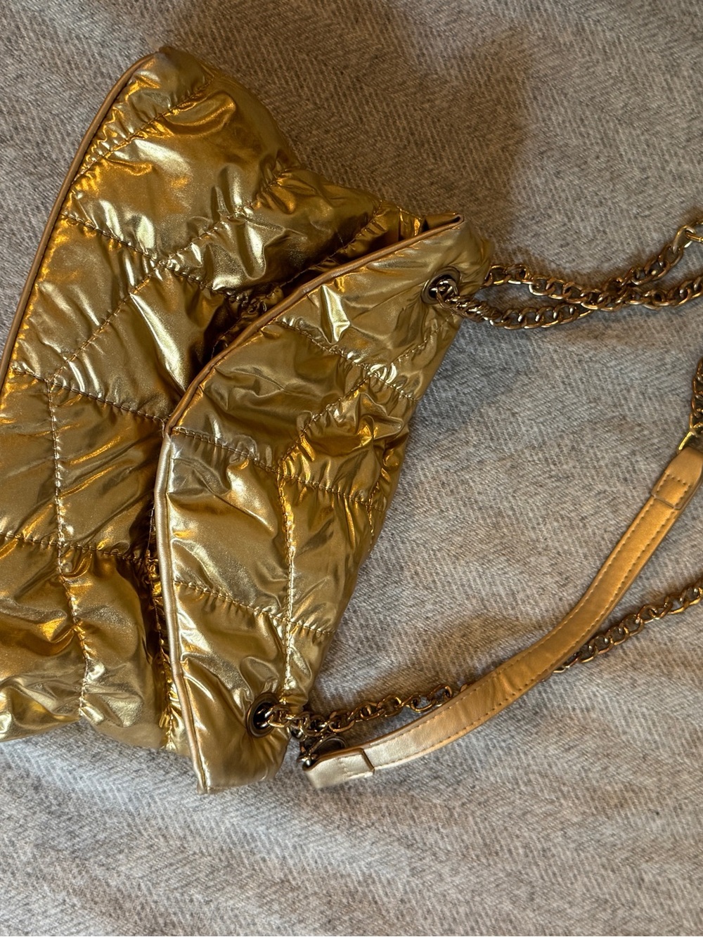 Metallic Gold Quilted Shoulder Bag with Chain Strap